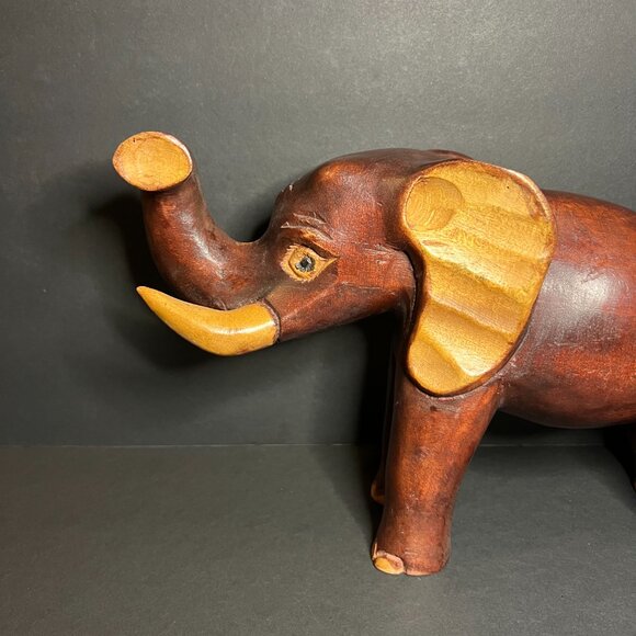 Vintage Large Hand Carved Solid Wood Lucky Elephant w/ Raised Trunk Figure 8.5" - Picture 2 of 7
